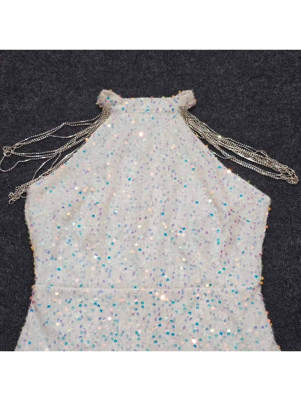 White Sequin Halter Mini Dress L Bridal Shower Reception Party Rhinestone - Picture 2 of 7